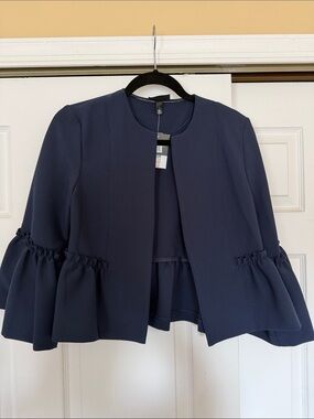 Topshop Navy Ruffle-Sleeve Open Front Blazer